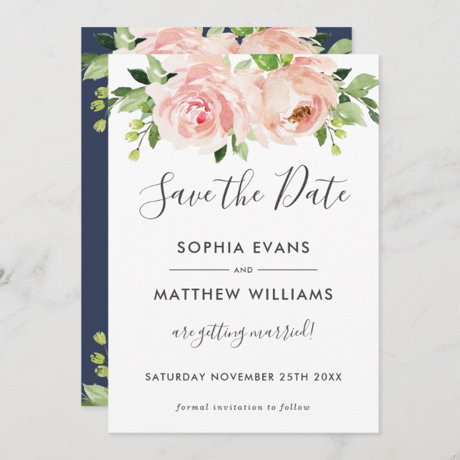 Pink Floral Greenery Wedding Save the Date Card (Front/Back)