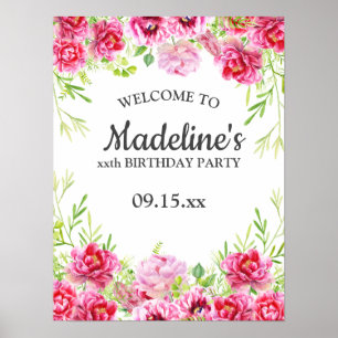 Pink Floral Greenery White Birthday Party Poster