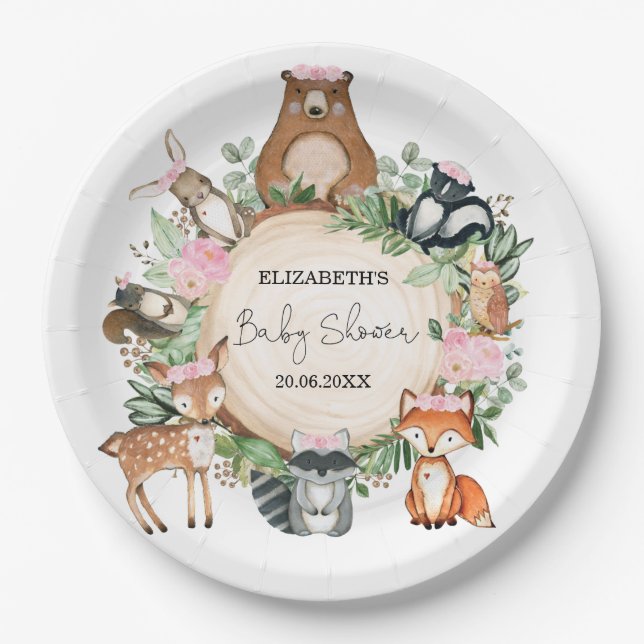 Pink Floral Greenery Woodland Animals Baby Shower Paper Plate (Front)
