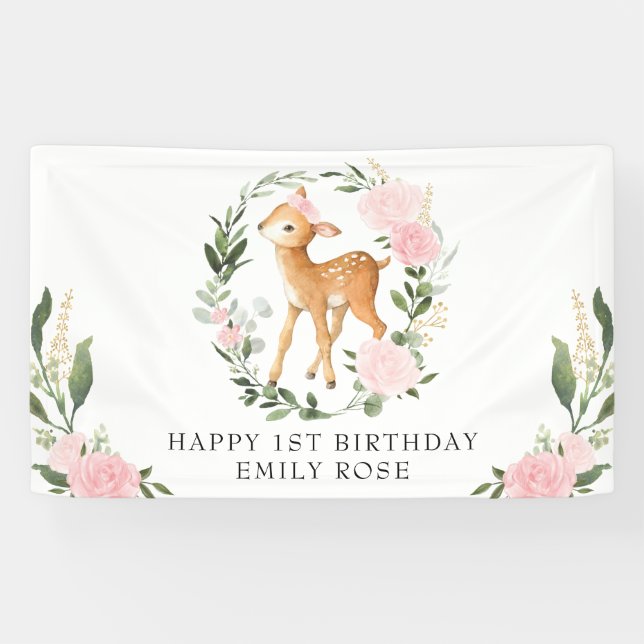 Pink Floral Greenery Woodland Deer 1st Birthday Banner (Horizontal)