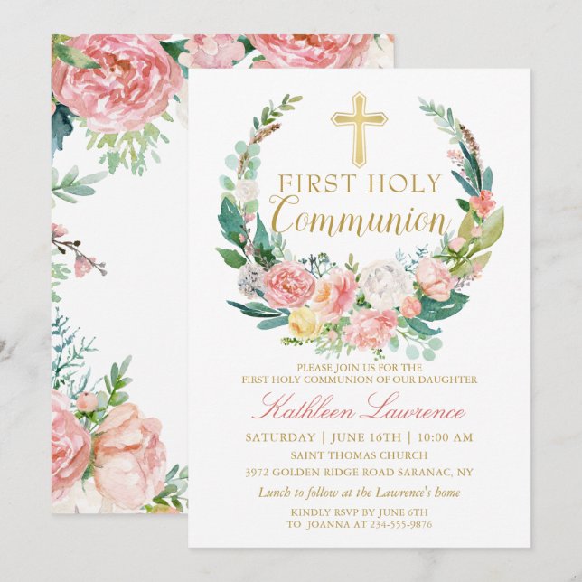 Pink Floral Greenery Wreath First Holy Communion Invitation (Front/Back)