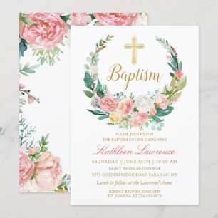 Pink Floral Greenery Wreath Girl Baptism Invitation