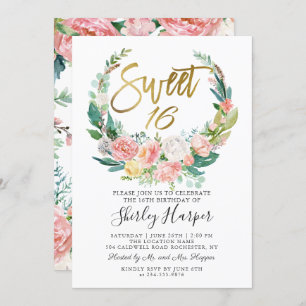 Pink Floral Greenery Wreath Gold Script Sweet 16 Invitation