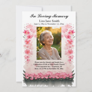Pink Floral Grey Leaves Celebration of Life Invitation