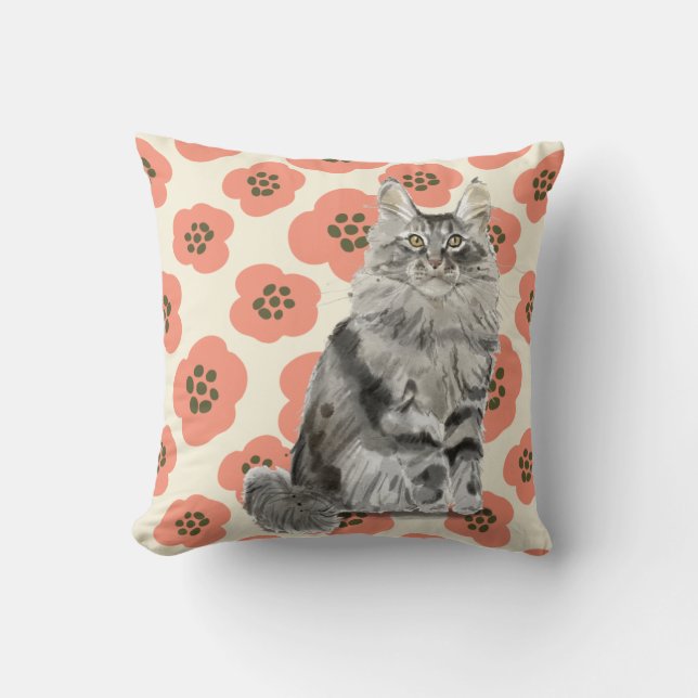 Pink Floral Grey Maine Coon Cat Cushion (Front)