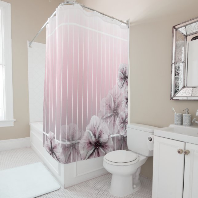 Pink Floral Grey White Ombre Stripe Shower Curtain (In Situ)