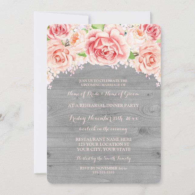 Pink Floral Grey Wood Rehearsal Dinner Party Invitation (Back)