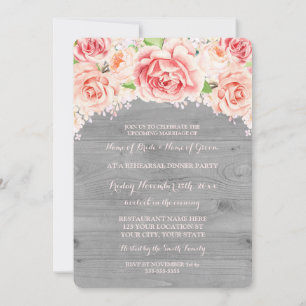 Pink Floral Grey Wood Rehearsal Dinner Party Invitation