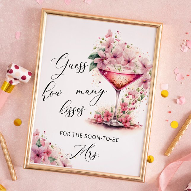  Pink Floral Guess How Many Kisses Bridal Shower Poster (Creator Uploaded)