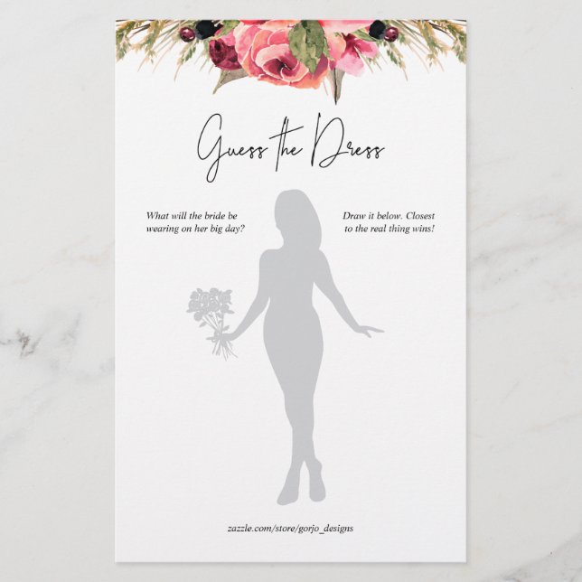 Pink Floral Guess the Dress Bridal Shower Game (Front)