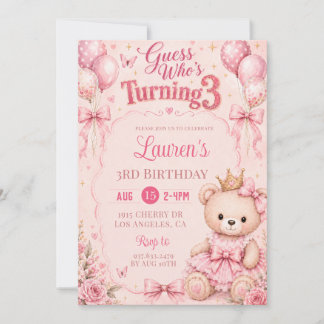 Pink Floral Guess Who’s Turning 3 Birthday Invitation