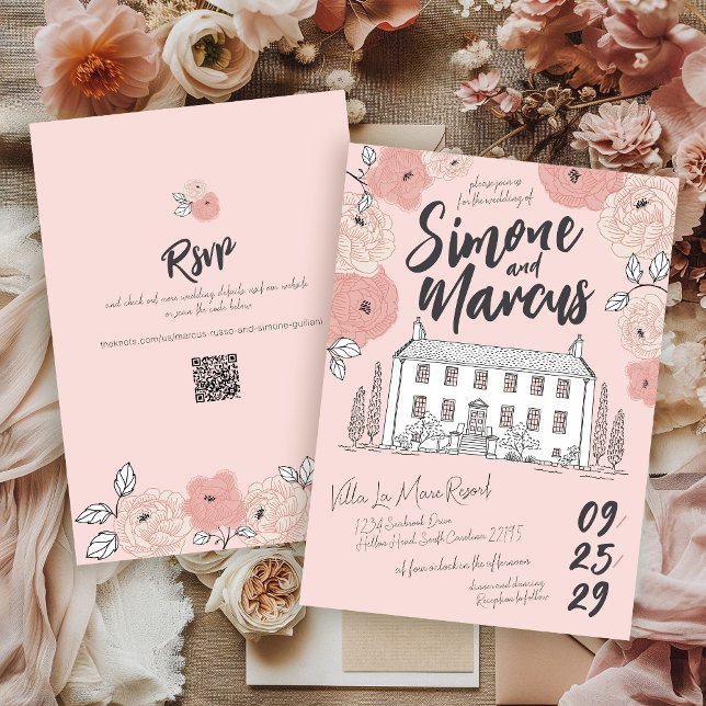 Pink Floral Hand Drawn Tuscan Villa Unique Wedding Invitation (Unique hand drawn pink floral quirky Italian villa manor QR elegant illustrated wedding invitation)