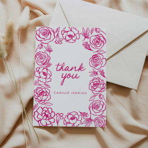 Pink Floral Hand Drawn Whimsical Thank you Card