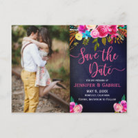 Pink Floral Handwritten | Blue Photo Save the Date