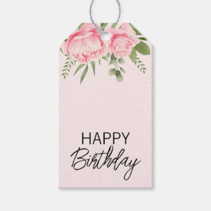 Pink floral Happy Birthday watercolor flowers Gift Tags