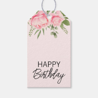 Pink floral Happy Birthday watercolor flowers Gift Tags