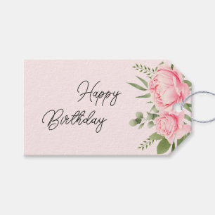 Pink floral Happy Birthday watercolor flowers Gift Tags