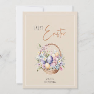 Pink Floral Happy Easter Basket Greetings Holiday Card