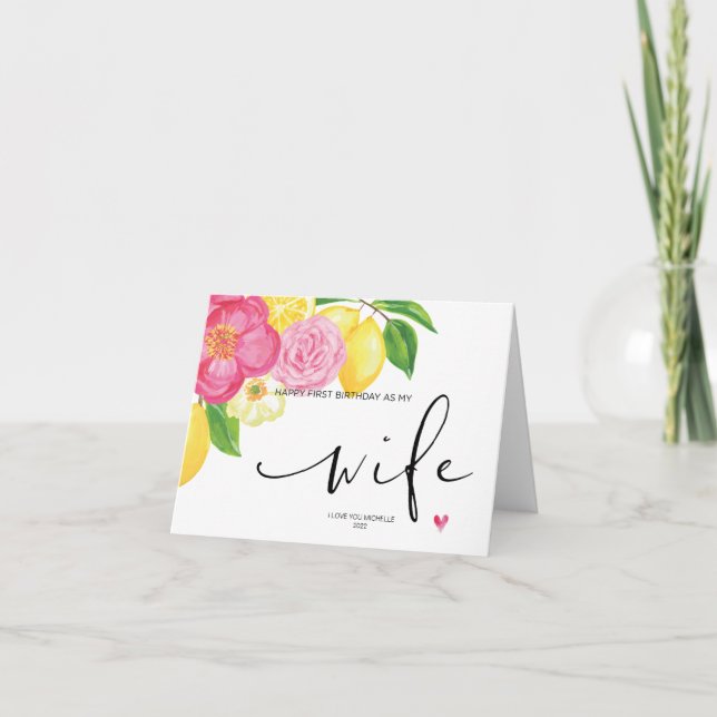 Pink Floral Happy First Birthday As My Wife Gift Card (Front)