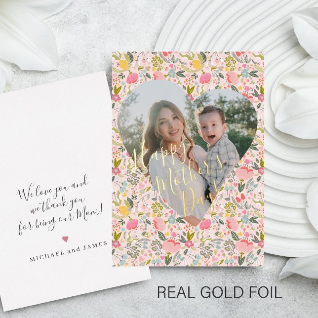 Pink floral Happy Mother's Day custom photo gold  Foil Holiday Card (Creator Uploaded)