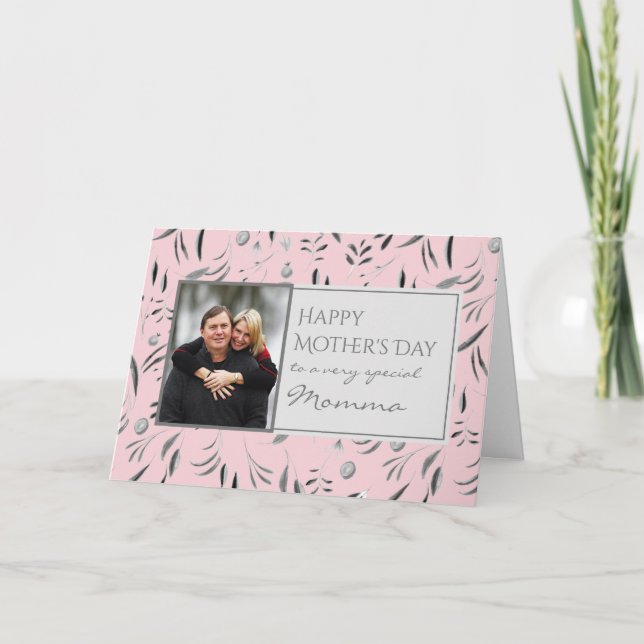 Pink Floral Happy Mothers Day MOMMA Photo Card (Front)