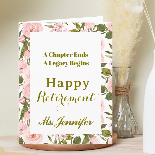 Pink Floral Happy Retirement card for Teacher  (Creator Uploaded)