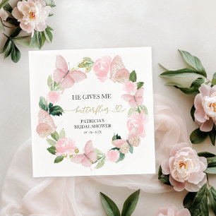 Pink Floral He Gives Me Butterflies Bridal Shower  Napkin