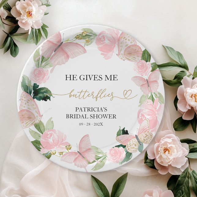 Pink Floral He Gives Me Butterflies Bridal Shower  Paper Plate (Creator Uploaded)