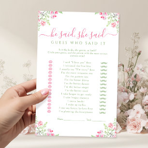 Pink Floral He said She said Bridal Shower Game