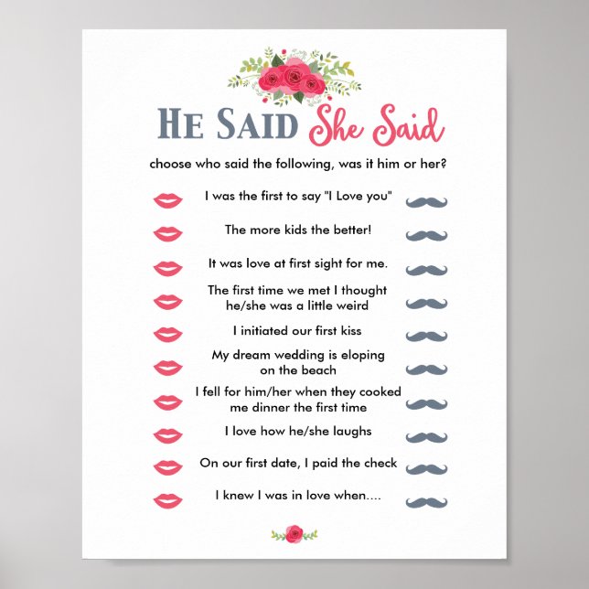 Pink Floral He Said She Said Game Poster (Front)