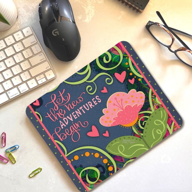 Pink Floral Heart Adventutes Cheerful Pretty  Mouse Mat (Creator Uploaded)