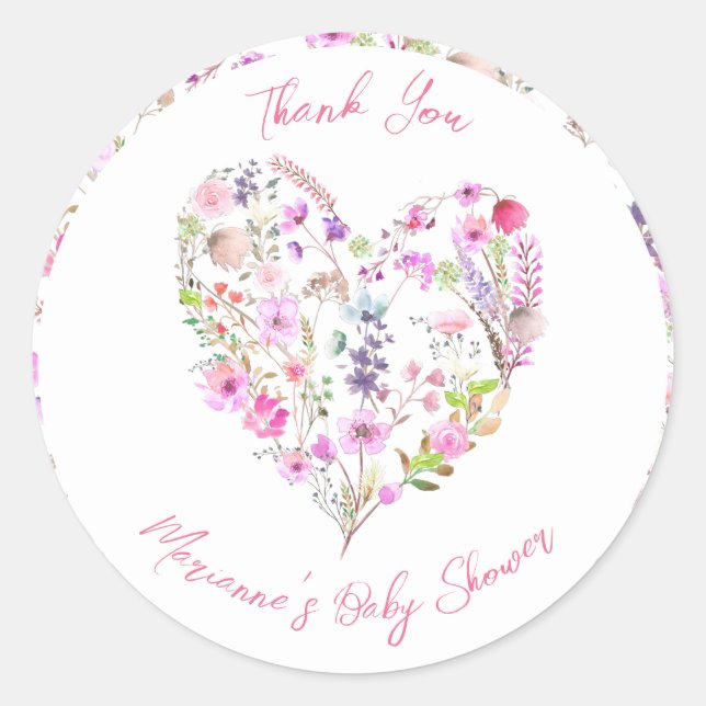 Pink Floral Heart Baby In Bloom Baby Shower Classic Round Sticker (Front)