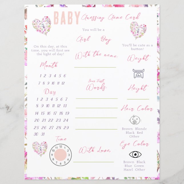 Pink Floral Heart Baby In Bloom Baby Shower Game (Front)