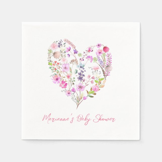 Pink Floral Heart Baby In Bloom Baby Shower Napkin (Front)