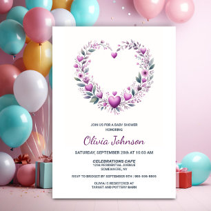 Pink Floral Heart Baby Shower Invitation