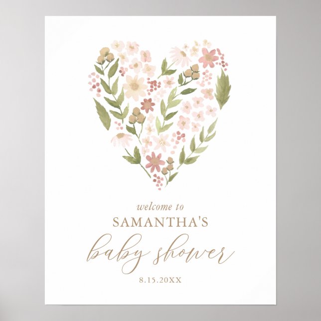 Pink Floral Heart Baby Shower Welcome Sign (Front)