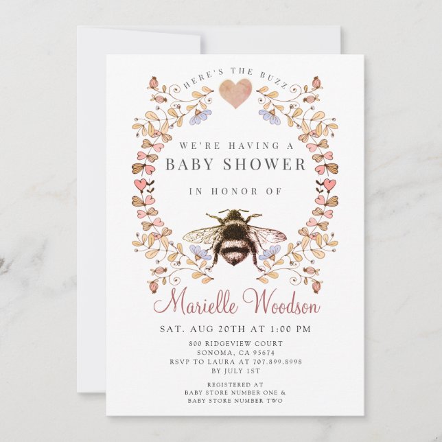 Pink Floral Heart Bee Baby Shower   Invitation (Front)