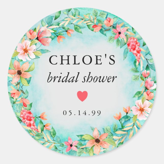 Pink Floral Heart Bridal Shower Favour Classic Round Sticker (Front)