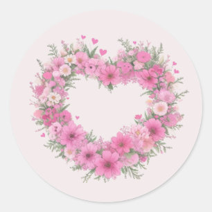 Pink Floral Heart Classic Round Sticker