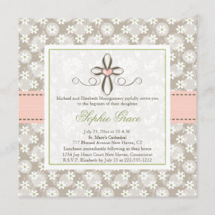 Pink Floral Heart Cross Baptism Photo Invitations