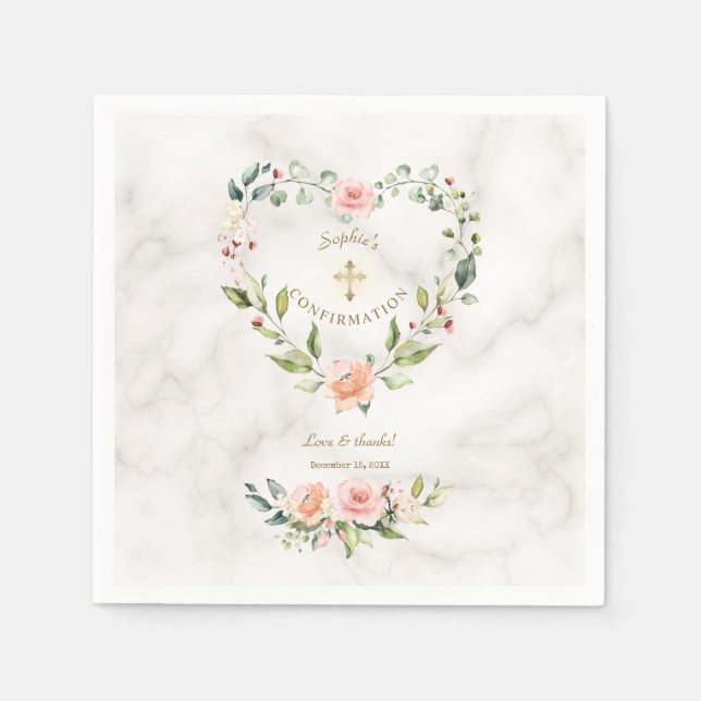Pink Floral Heart Gold Marble Girl Confirmation Napkin (Front)