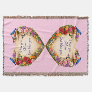 Pink Floral Heart “I Love You Mom.." Throw Blanket