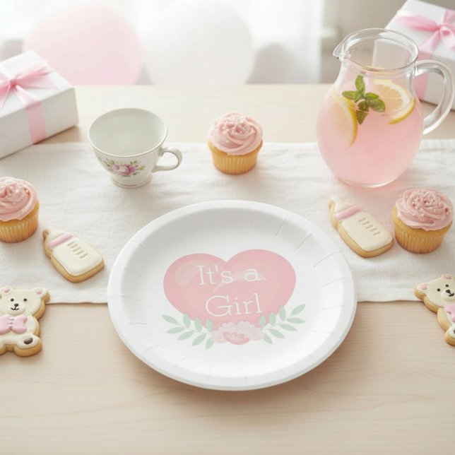 Pink Floral Heart It's A Girl Baby Shower Paper Plate (Creator Uploaded)