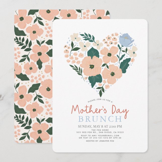 Pink Floral Heart Mother's Day Brunch Invitation (Front/Back)