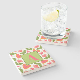 Pink Floral Heart Pattern Pretty Custom Initial  Stone Coaster