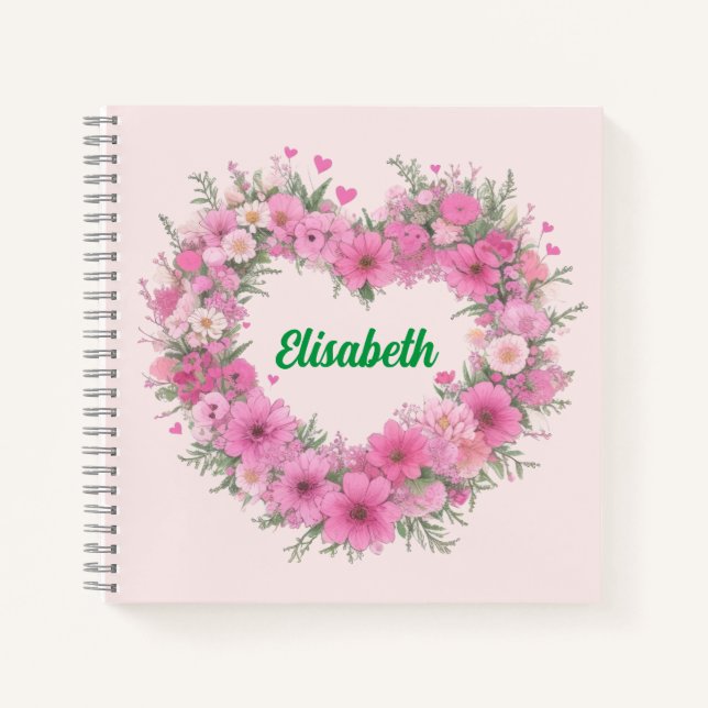 Pink Floral Heart Personalised Notebook (Front)