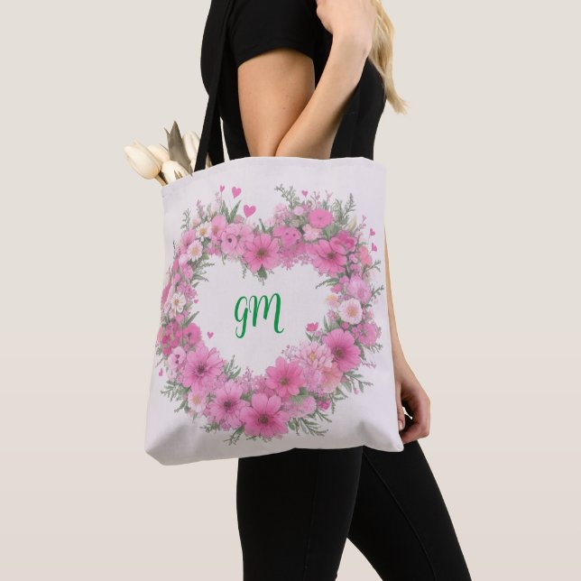Pink Floral Heart Personalised Tote Bag (Close Up)