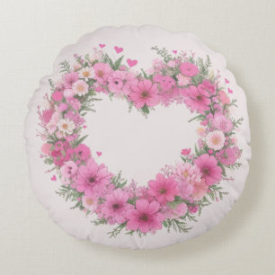 Pink Floral Heart Round Cushion