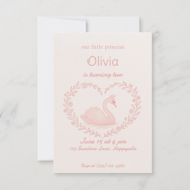 Pink Floral Heart Swan Birthday Girl Invitation   (Front)
