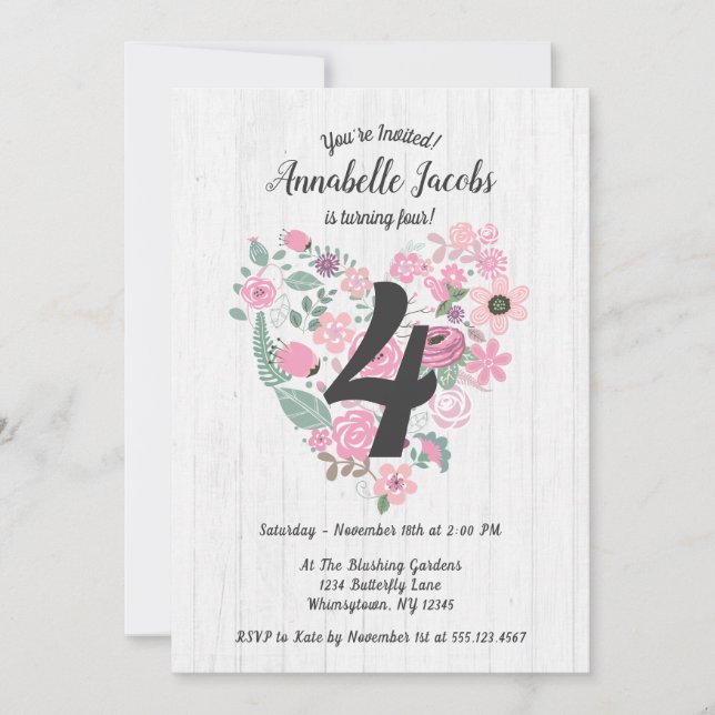 Pink Floral Heart Wood Birthday Party Invitations (Front)